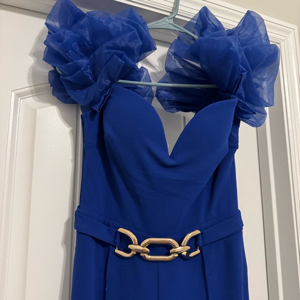 Fashion Nova Royal Blue Jumpsuit with Gold Accents NWT size medium